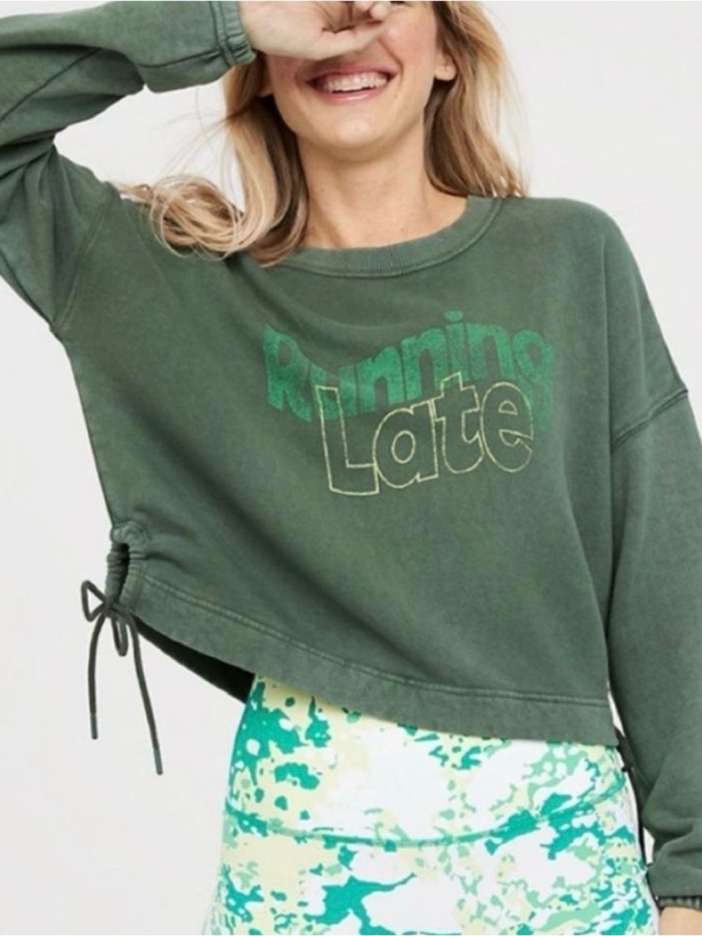 Aerie Offline “Running Late” Cotton Side Tie Crew Sweatshirt Green Size Small